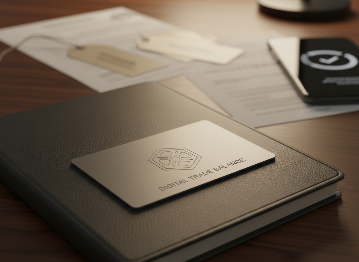 A close-up of a matte silver metal card embossed with a subtle geometric logo and the words “Digital Trade Balance,” resting on a dark charcoal leather notebook. Around it, blurred in the background, are neutral product tags, a folded service contract, and a smartphone showing an abstract notification icon, all arranged on a walnut wood desk. Warm, focused desk-lamp light from the right creates gentle highlights along the card’s edges and soft shadows in the notebook’s texture, emphasizing tactile materials. Shot with a shallow depth of field and a low, side-on angle, the card and notebook occupy the lower third of the frame, drawing attention to the concept of cashless value. The mood is discreet, premium, and professional, captured in realistic, editorial-style photography ideal for illustrating secure, non-cash barter transactions.