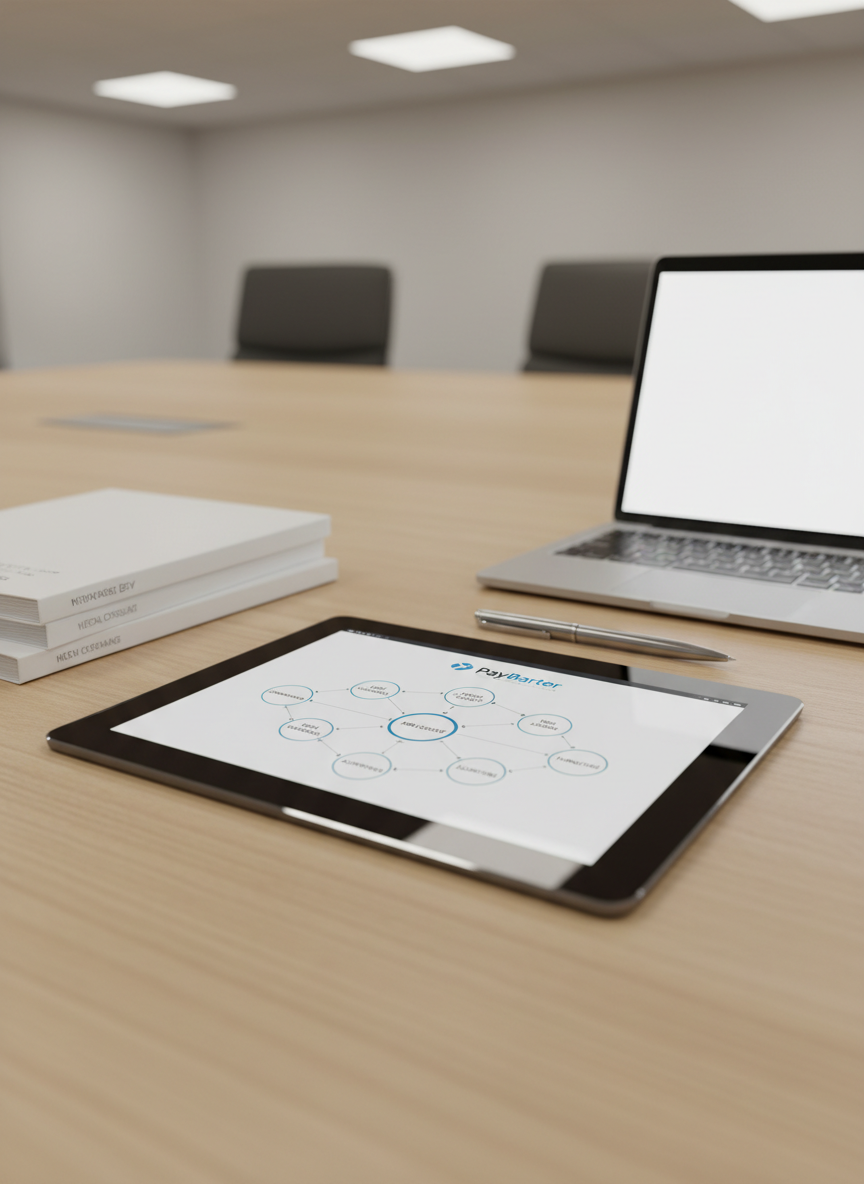 A polished black tablet lying on a light oak conference table, displaying a clean, professional interface of PayBarter: circular nodes labeled with products and services arranged in balanced clusters, connected by fine silver lines showing cashless exchanges. Around the tablet, neatly stacked folders, a brushed steel pen, and a slim laptop create an organized workspace. Soft, neutral office lighting from above casts gentle, even illumination with faint shadows that ground each object. Captured from a slightly elevated angle with shallow depth of field, the tablet screen is in razor-sharp focus while the table’s wood grain softly blurs toward the edges. The atmosphere is calm, reliable, and businesslike, rendered in photographic realism with a crisp, modern corporate aesthetic ideal for a professional barter network homepage.