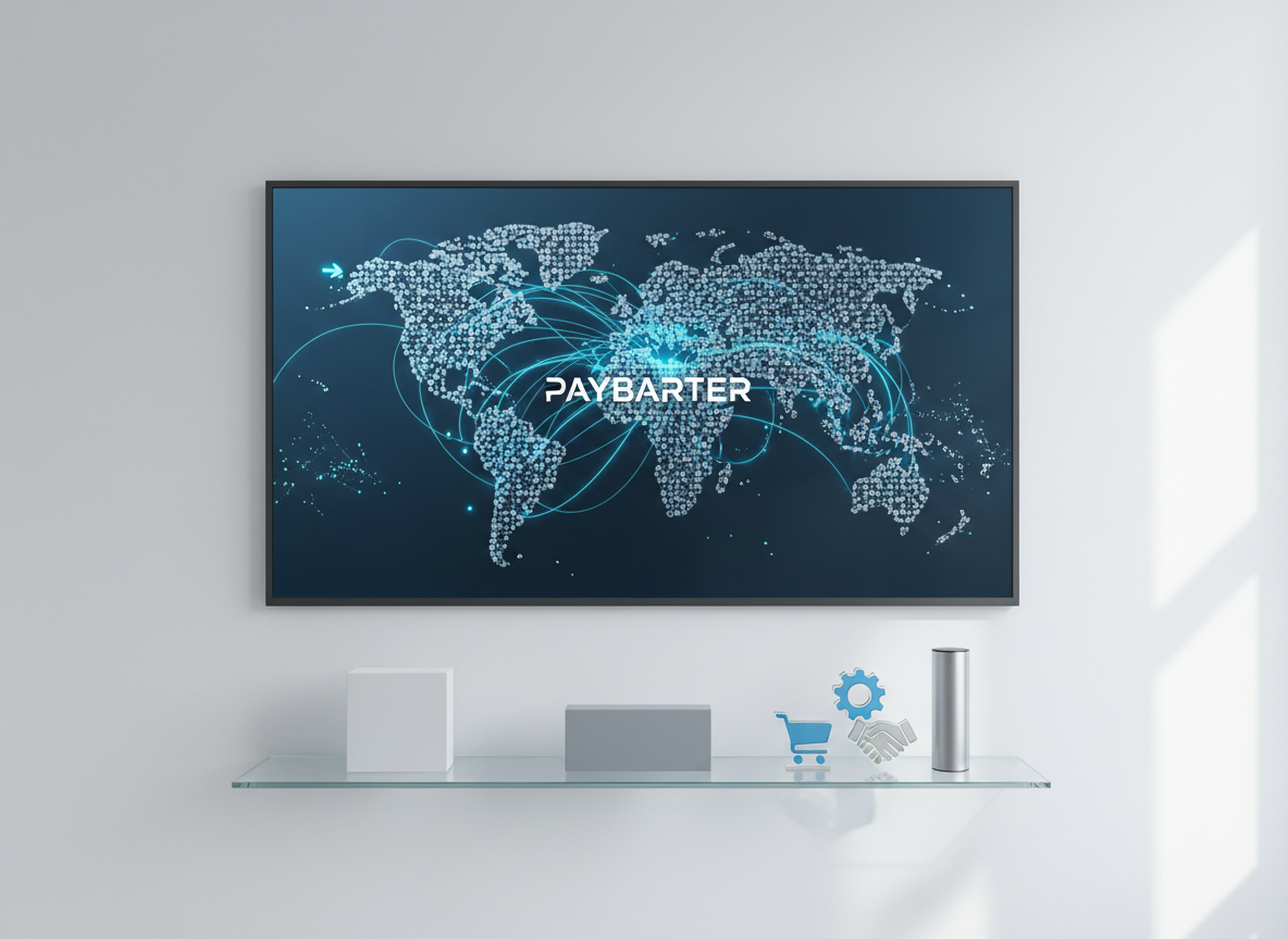 A large, frameless digital screen mounted on a matte white wall displays a stylized world map made of tiny metallic nodes and fine glowing lines, illustrating a global cashless barter network. Below, a narrow glass shelf holds a few neatly arranged, logo-free product boxes and service icons in minimalist acrylic. Natural daylight streams from a nearby unseen window, creating soft gradients across the wall and a gentle sheen on the glass shelf. Shot straight on at eye level with symmetrical composition, the scene feels balanced and stable, with everything in clear focus. The mood is confident, global, and innovative, captured in clean, photographic realism with a restrained color palette of cool blues, soft grays, and brushed metal accents reinforcing a professional PayBarter brand.