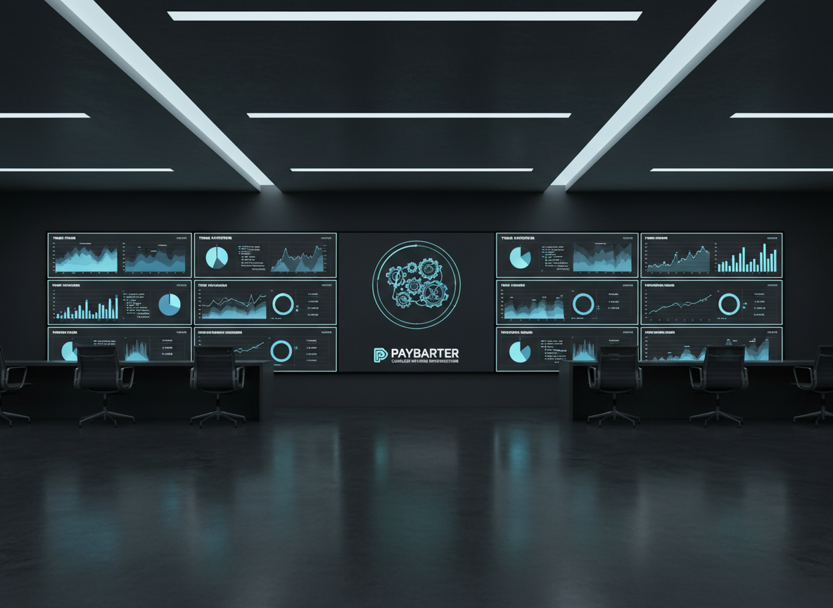 A wide shot of a minimalist operations room with multiple ultra-thin monitors mounted on a matte dark wall, each screen showing simplified, anonymized charts of trade flows, item categories, and network health for a barter system. A central, larger display shows a clean circular diagram of assets moving without currency. The room is illuminated by cool, indirect LED lighting along ceiling coves, creating gentle gradients and a focused, mission-control feel without harsh glare. The floor is dark polished concrete, reflecting a subtle sheen from the monitors. Captured from a slightly low, wide-angle perspective, the composition emphasizes scale and organization, with crisp focus throughout. The atmosphere is analytical, efficient, and highly professional, rendered in high-fidelity photographic realism that communicates PayBarter’s robust, data-driven cashless network infrastructure.