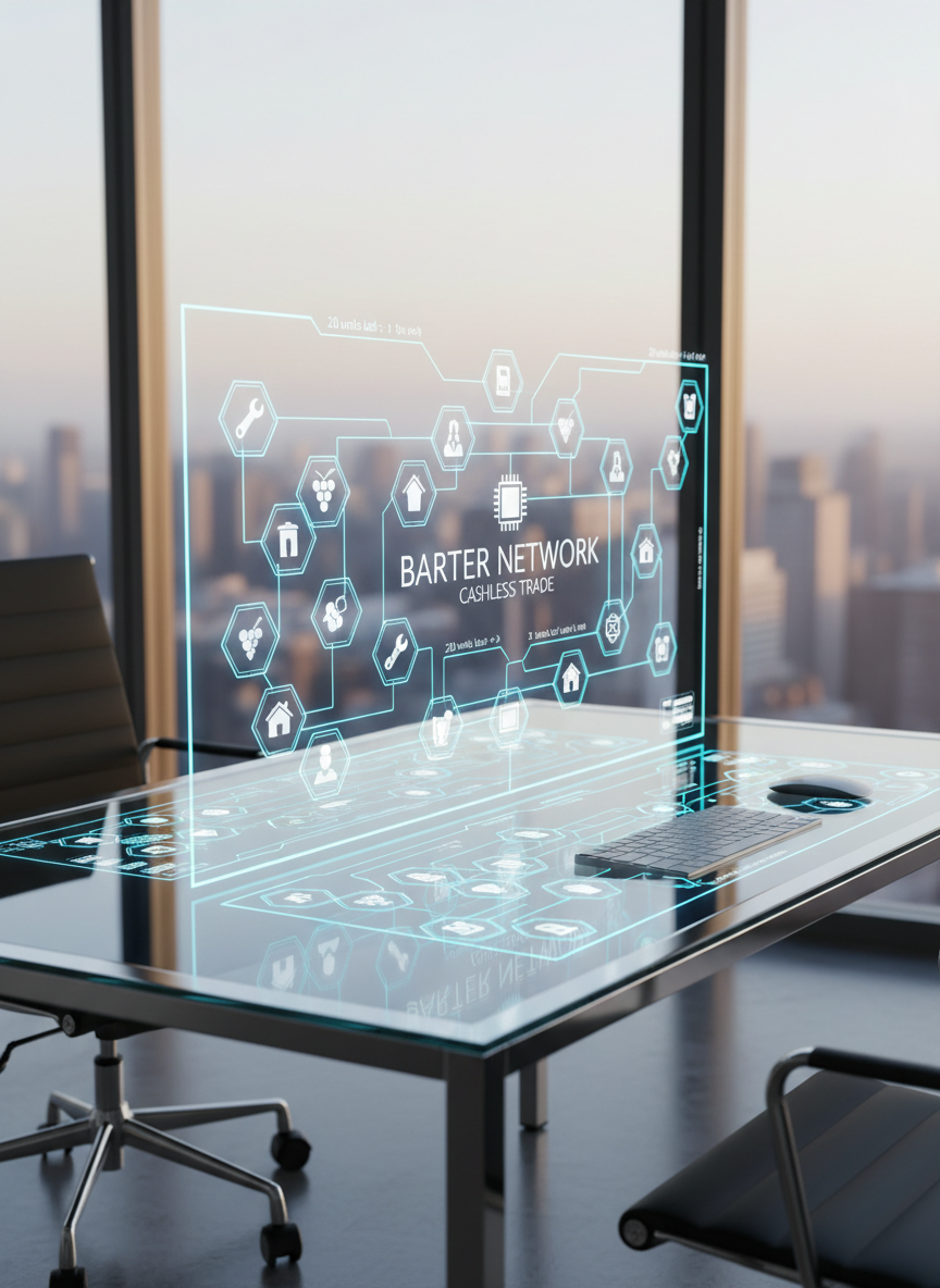 A sleek, glass-topped desk displaying a glowing digital dashboard of interconnected icons representing goods and services, each linked by crisp neon-blue lines to form a sophisticated barter network. The desk stands in a minimalist, high-rise office with floor-to-ceiling windows overlooking a softly blurred city skyline. Cool, diffused daylight enters from the left, creating subtle reflections on the glass surface and metallic edges of the devices. Shot at eye level with a slight three-quarter angle, the composition uses the rule of thirds, keeping the interface in sharp focus while the background falls into gentle bokeh. The mood is professional, efficient, and forward-thinking, captured in clean, photographic realism with a modern, tech-driven aesthetic that supports the concept of cashless trade.