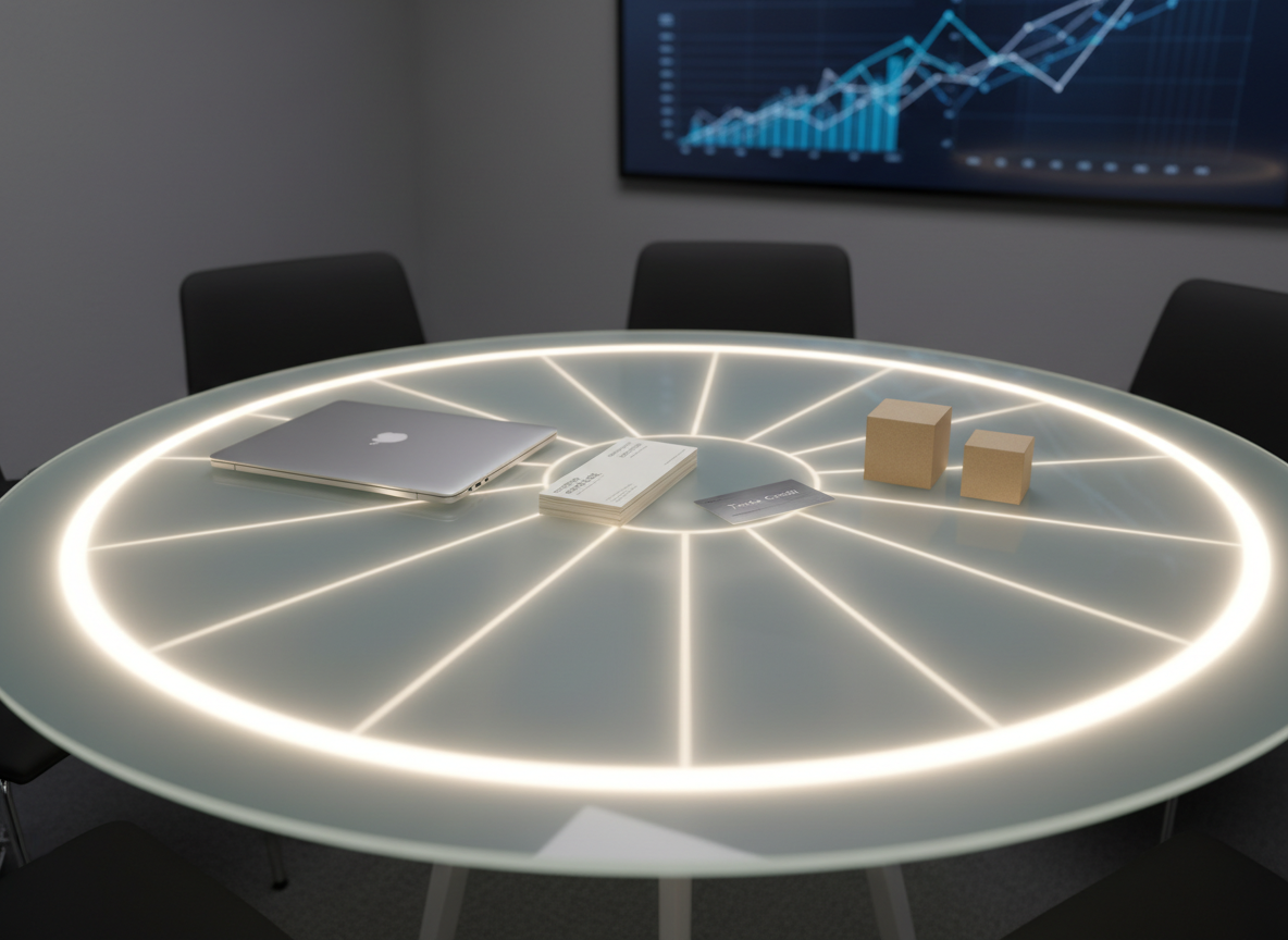 A circular, frosted-glass table in a modern meeting room, covered with a carefully arranged selection of neutral, logo-free products: small cardboard boxes, a closed laptop, a stack of service vouchers, and a slim metal card labeled “Trade Credit.” Beneath the glass surface, subtle LED lighting forms a glowing ring that converges into thin lines connecting each item, symbolizing seamless cashless exchange. The room features muted gray walls and a large, blurred digital display in the background showing abstract graphs. Overhead recessed lighting provides soft, even illumination with minimal shadows. Captured from a high, slightly off-center angle, the composition emphasizes the circle motif and structured layout. The atmosphere is orderly, strategic, and trustworthy, rendered in realistic, high-resolution photography with a sleek, corporate aesthetic suited to a professional barter platform.