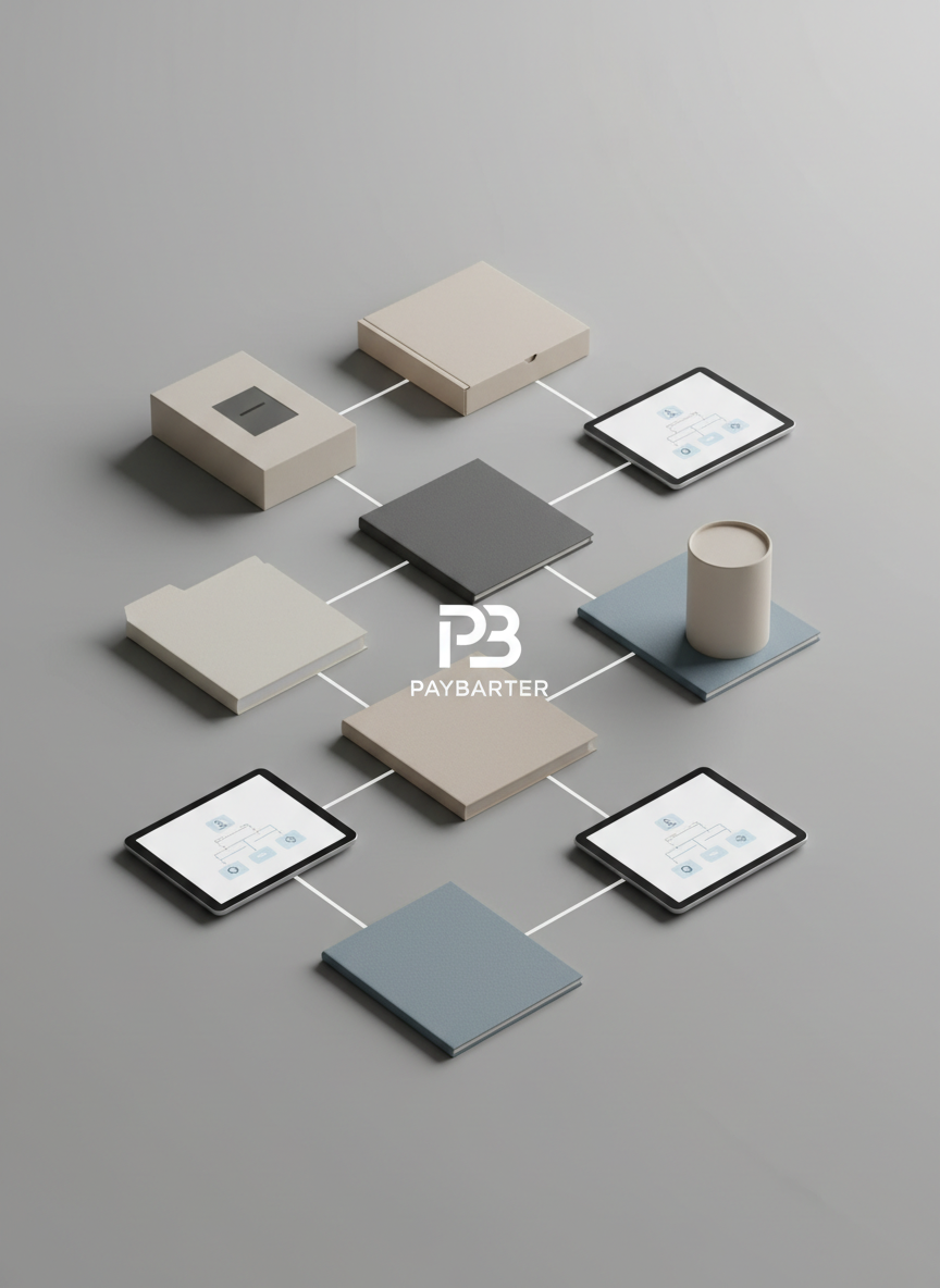 A neatly organized grid of neutral, logo-free product boxes, service folders, and digital devices laid out on a soft gray background, all connected by thin, precisely drawn white lines to form a tidy barter matrix. Each item is slightly raised on hidden supports, casting consistent, gentle shadows that enhance depth. Overhead studio lighting is soft and diffused, eliminating glare and keeping colors muted and consistent. Shot directly from above in a perfect flat-lay composition, every object is in tack-sharp focus, creating a sense of order and clarity. The mood is methodical, transparent, and professional, rendered in clean, photographic realism with subtle modern design touches that visualize how PayBarter structures and organizes diverse goods and services in a cashless trading ecosystem.