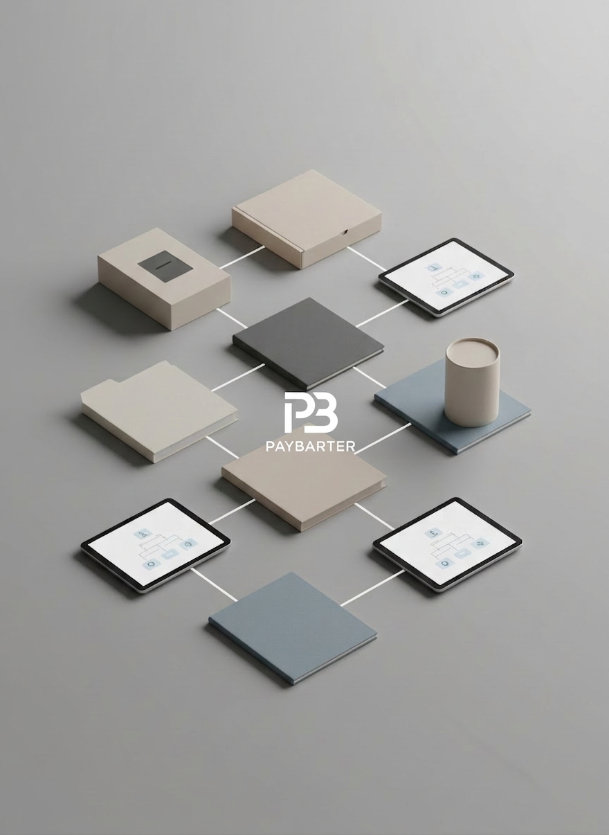 barter network A neatly organized grid of neutral, logo-free product boxes, service folders, and digital devices laid out on a soft gray background, all connected by thin, precisely drawn white lines to form a tidy barter matrix. Each item is slightly raised on hidden supports, casting consistent, gentle shadows that enhance depth. Overhead studio lighting is soft and diffused, eliminating glare and keeping colors muted and consistent. Shot directly from above in a perfect flat-lay composition, every object is in tack-sharp focus, creating a sense of order and clarity. The mood is methodical, transparent, and professional, rendered in clean, photographic realism with subtle modern design touches that visualize how PayBarter structures and organizes diverse goods and services in a cashless trading ecosystem.